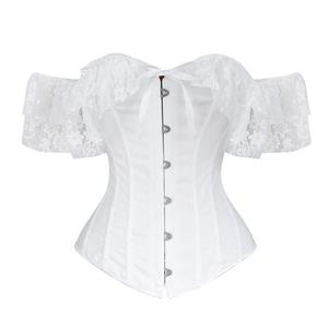 Victorian Style White Satin Off Shoulder Floral Lace Bridal Waist Cincher Overbust Corset N19390