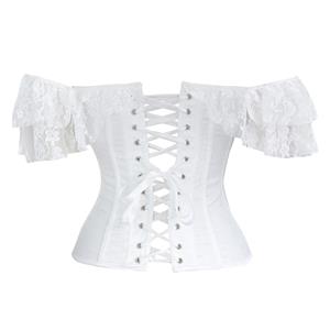 Victorian Style White Satin Off Shoulder Floral Lace Bridal Waist Cincher Overbust Corset N19390