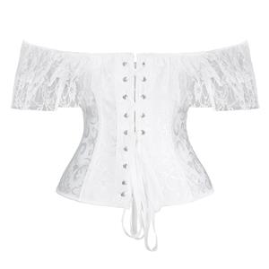 Victorian Gothic White Jacquard Off Shoulder Floral Lace Plastic Bone Overbust Corset N20250