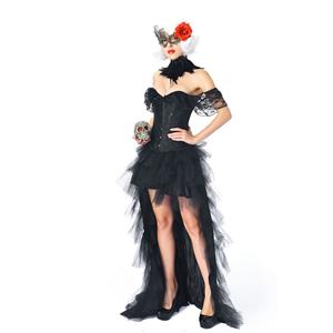 Victorian Gothic Black Jacquard Off Shoulder Floral Lace Corset High Low Skirt Set N20307