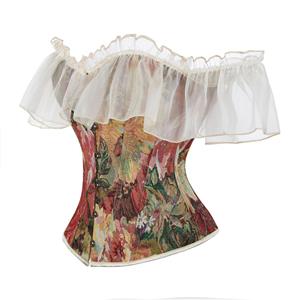 Victorian Gothic Black Jacquard Off Shoulder Floral Lace Plastic Bone Overbust Corset N23924