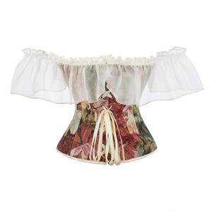 Victorian Gothic Black Jacquard Off Shoulder Floral Lace Plastic Bone Overbust Corset N23924