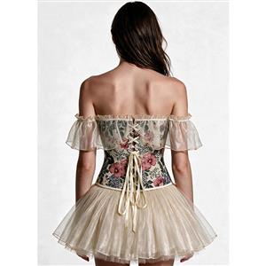 Victorian Gothic Black Jacquard Off Shoulder Floral Lace Plastic Bone Overbust Corset N23984