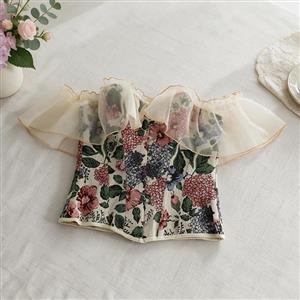 Victorian Gothic Black Jacquard Off Shoulder Floral Lace Plastic Bone Overbust Corset N23984