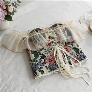 Victorian Gothic Black Jacquard Off Shoulder Floral Lace Plastic Bone Overbust Corset N23984