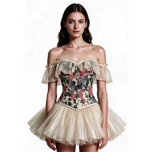 Heavy Plastic Boned Corset, Cheap Outerwear Corset, Retro Overbust Corset, Sexy Off Shoulder Corset, apricot Lace Jacquard Overbust Corset, Victorian Gothic Waist Cincher, #N23984