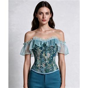 Women's Oil Painting Corset, Yarn Dyed Fabric Top, Leaf Print Bustier, Off Shoulder Corset, Blue Green Floral Top, Sheer Ruffle Sleeves, Cap Sleeve Crop Top, Front Button Corset, Sweetheart Neckline, Structured Boning, Matching Pants Set, Two Piece Outfit, Romantic Style, High Waist Match, Women's Fashion #N23985