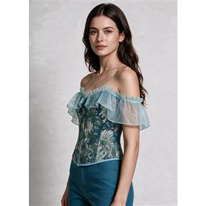 Women's Oil Painting Yarn-Dyed Leaf Print Off Shoulder Corset Top with Sheer Ruffle Cap Sleeves N23985