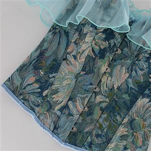 Women's Oil Painting Yarn-Dyed Leaf Print Off Shoulder Corset Top with Sheer Ruffle Cap Sleeves N23985