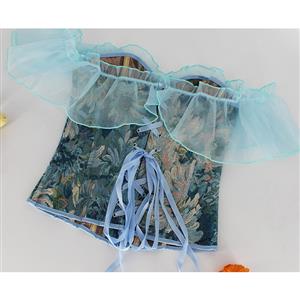 Women's Oil Painting Yarn-Dyed Leaf Print Off Shoulder Corset Top with Sheer Ruffle Cap Sleeves N23985