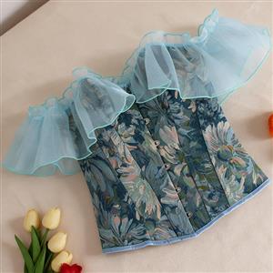 Women's Oil Painting Yarn-Dyed Leaf Print Off Shoulder Corset Top with Sheer Ruffle Cap Sleeves N23985