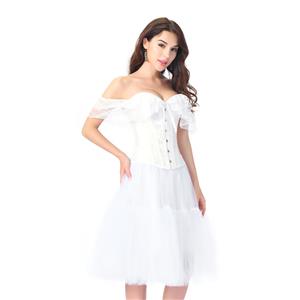 Victorian Gothic White Jacquard Off Shoulder Floral Lace Overbust Corset Tulle Skirt Set N20251