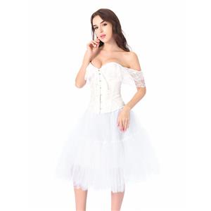 Victorian Gothic White Jacquard Off Shoulder Floral Lace Overbust Corset Tulle Skirt Set N20251