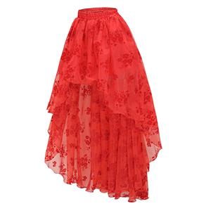 Victorian Gothic Red Elastic High-low Organza Skirt N23505