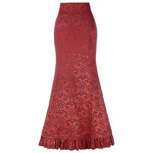 Women's Victorian Gothic Red Jacquard Ruffle Fishtail Skirt N15059