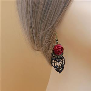 Victorian Gothic Bronze Metal with Red Rose Embellished and Black Lace Earrings J18413