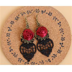 Victorian Gothic Bronze Metal with Red Rose Embellished and Black Lace Earrings J18413