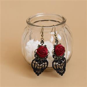 Victorian Gothic Bronze Metal with Red Rose Embellished and Black Lace Earrings J18413