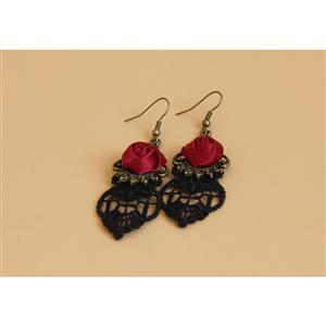 Victorian Gothic Bronze Metal with Red Rose Embellished and Black Lace Earrings J18413