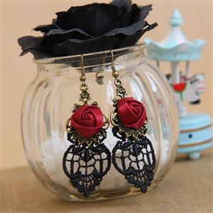 Victorian Gothic Bronze Metal with Red Rose Embellished and Black Lace Earrings J18413