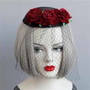 Victorian Gothic Red Rose and Mesh Fascinator Party Hair Clip Felt Hat Hairpin Accessory J18797