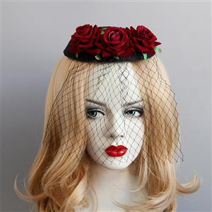 Victorian Gothic Red Rose and Mesh Fascinator Party Hair Clip Felt Hat Hairpin Accessory J18797