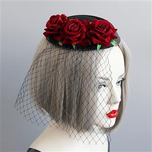 Victorian Gothic Red Rose and Mesh Fascinator Party Hair Clip Felt Hat Hairpin Accessory J18797