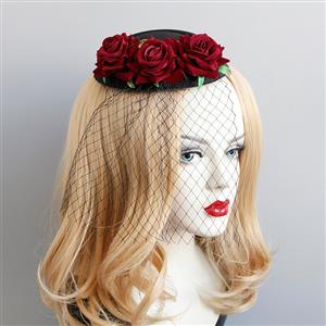 Victorian Gothic Red Rose and Mesh Fascinator Party Hair Clip Felt Hat Hairpin Accessory J18797