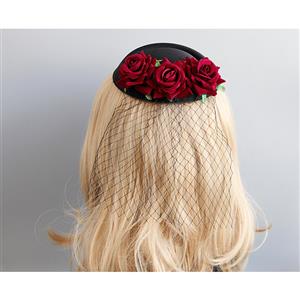 Victorian Gothic Red Rose and Mesh Fascinator Party Hair Clip Felt Hat Hairpin Accessory J18797