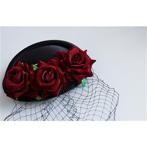 Victorian Gothic Red Rose and Mesh Fascinator Party Hair Clip Felt Hat Hairpin Accessory J18797