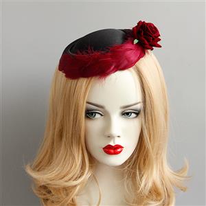 Victorian Gothic Red Rose and Feather Party Hair Clip Felt Hat Hairpin Accessory J18796