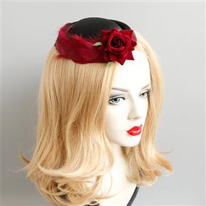 Victorian Gothic Red Rose and Feather Party Hair Clip Felt Hat Hairpin Accessory J18796