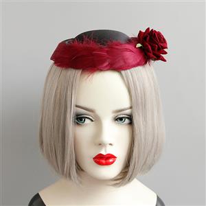 Victorian Gothic Red Rose and Feather Party Hair Clip Felt Hat Hairpin Accessory J18796