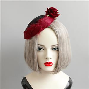 Victorian Gothic Red Rose and Feather Party Hair Clip Felt Hat Hairpin Accessory J18796