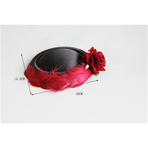 Victorian Gothic Red Rose and Feather Party Hair Clip Felt Hat Hairpin Accessory J18796