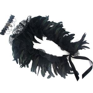 Victorian Gothic Black Feather Lace-up Shawl and Necklace Accessories N23234