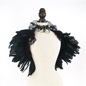 Victorian Gothic Black Feather Lace-up Shawl and Necklace Accessories N23234