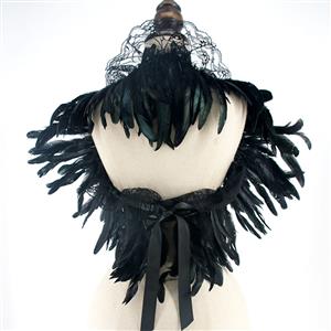 Victorian Gothic Black Feather Lace-up Shawl and Necklace Accessories N23234