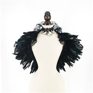 Victorian Gothic Black Feather Lace-up Shawl and Necklace Accessories N23234