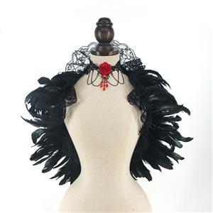 Victorian Gothic Black Feather Lace-up Shawl and Red Rose Necklace Accessories N23235