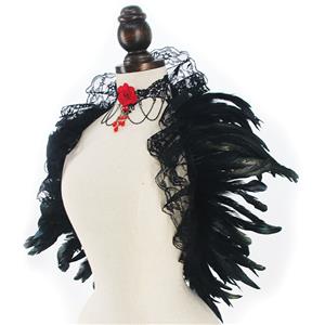 Victorian Gothic Black Feather Lace-up Shawl and Red Rose Necklace Accessories N23235