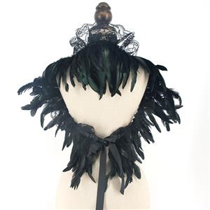 Victorian Gothic Black Feather Lace-up Shawl and Red Rose Necklace Accessories N23235