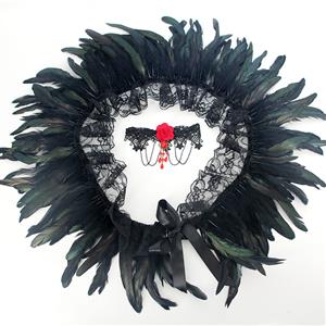 Victorian Gothic Black Feather Lace-up Shawl and Red Rose Necklace Accessories N23235
