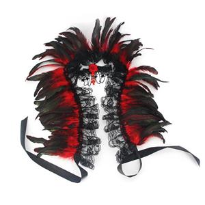 Victorian Gothic Black & Red Feather Lace-up Shawl and Red Rose Necklace Accessories N23414