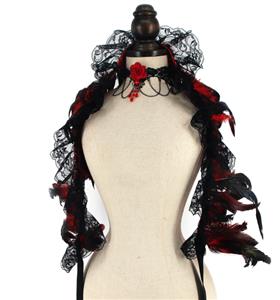 Victorian Gothic Black & Red Feather Lace-up Shawl and Red Rose Necklace Accessories N23414