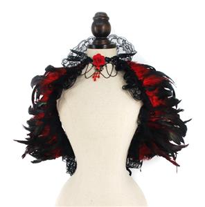 Victorian Gothic Shoulder Armor, Feather Lace-up Shawl, Masquerade Shoulder Armor, Gothic Fashion Shawl, Feather Shoulder Armor, Victorian Gothic Black & Red Feather Lace-up Shawl and Red Rose Necklace Accessories,#N23414