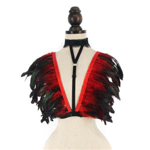 Victorian Gothic Shoulder Armor, Feather Lace-up Shawl, Masquerade Shoulder Armor, Gothic Fashion Shawl, Feather Shoulder Armor, Victorian Gothic Red Feather Adjustable Spaghetti Straps Shawl Accessories,#N23415