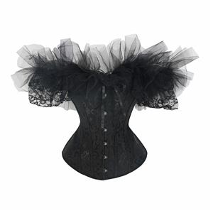 Retro Black Jacquard Off Shoulder Ruffles 12 Plastic Boned Body Shaper Overbust Corset N23373