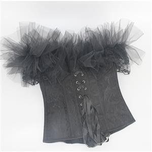 Retro Black Jacquard Off Shoulder Ruffles 12 Plastic Boned Body Shaper Overbust Corset N23373