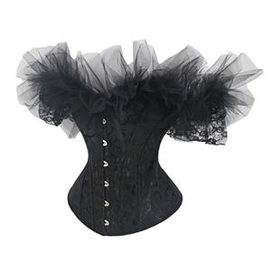 Retro Black Jacquard Off Shoulder Ruffles 12 Plastic Boned Body Shaper Overbust Corset N23373